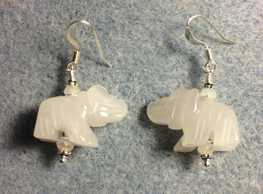 White jade gemstone elephant bead earrings adorned with sparkly white Chinese crystal beads.