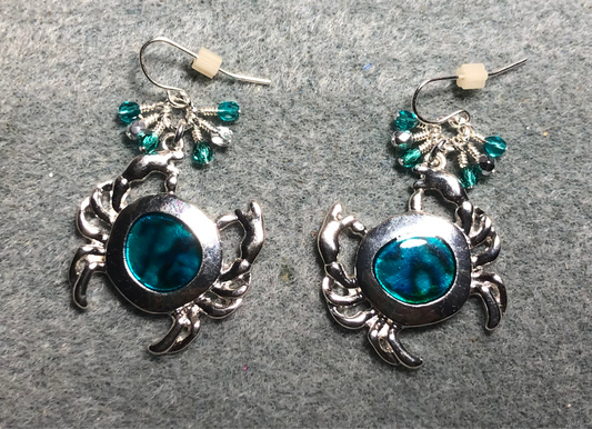 Large silver and turquoise abalone crab charm earrings adorned with small dangling turquoise and silver Czech glass beads.