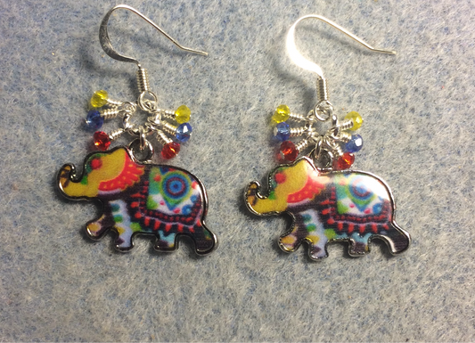 Red, blue, and yellow enamel elephant charm earrings adorned with tiny dangling red, blue, and yellow Chinese crystal beads.