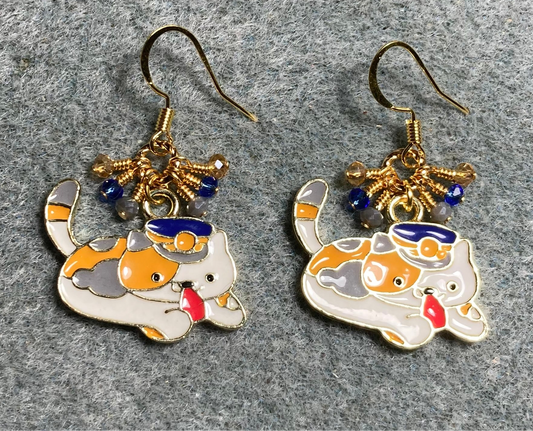 Gray, white, blue, and amber enamel cat charm earrings adorned with tiny dangling gray, blue, and amber Chinese crystal beads.