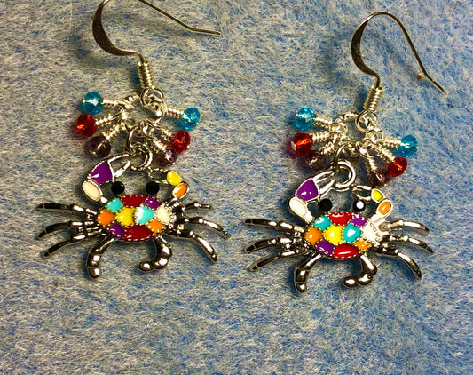 Silver and multicolored enamel crab charm earrings adorned with tiny dangling purple, turquoise, and red Chinese crystal beads.