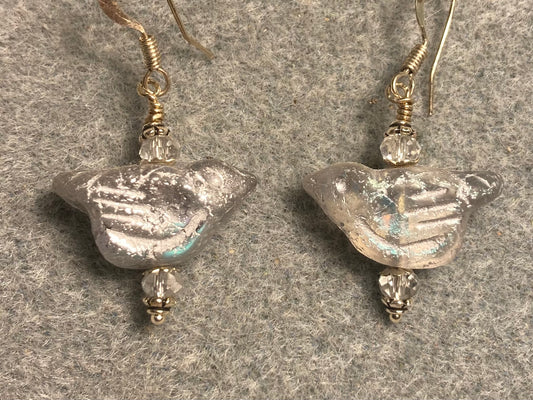Silver Czech glass bird bead earrings adorned with silver Chinese crystal beads.