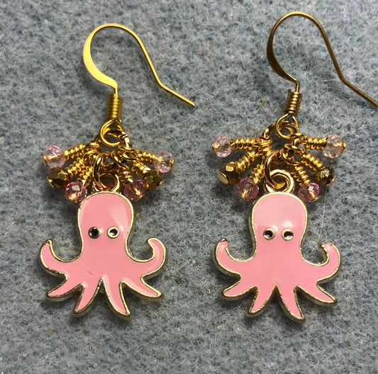 Pink and gold enamel octopus charm earrings adorned with tiny dangling pink and gold Chinese crystal beads.