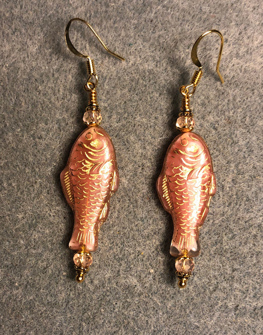 Salmon (with gold inlay) Czech glass fish bead earrings adorned with salmon Chinese crystal beads.