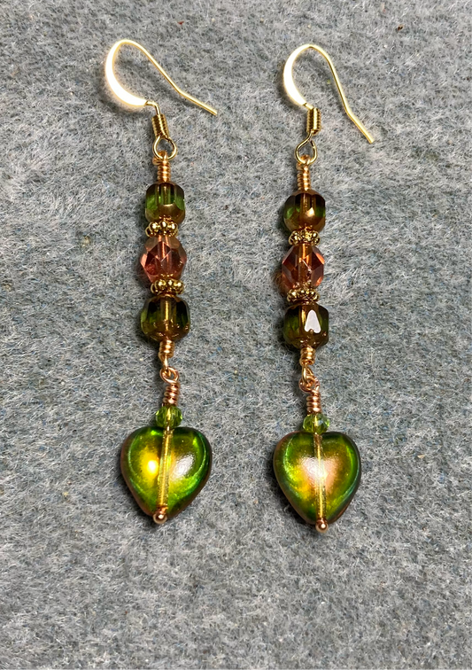 Small olive green and burnt orange Czech glass heart bead earrings adorned with olive green and orange Czech glass beads.