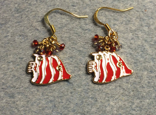 Red and white enamel striped angelfish charm earrings adorned with tiny dangling red and amber Chinese crystal beads.
