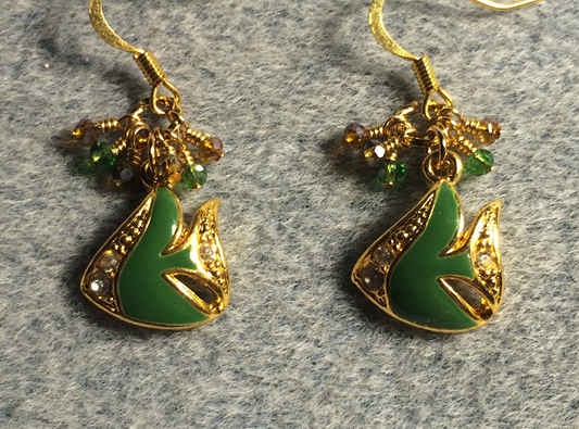 Vintage dark green enamel and rhinestone angelfish charm earrings adorned with small dangling green, gold, and amber Chinese crystal beads.