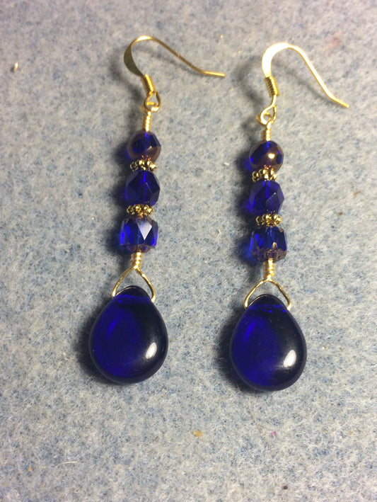 Cobalt dark blue Czech glass pear drop bead earrings adorned with cobalt blue Czech glass beads.