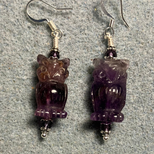 Genuine amethyst gemstone owl bead earrings adorned with  purple Chinese crystal beads.