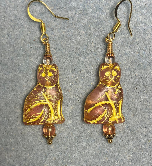 Rose gold (with gold inlay) Czech glass cat bead earrings adorned with rose gold Czech glass beads.