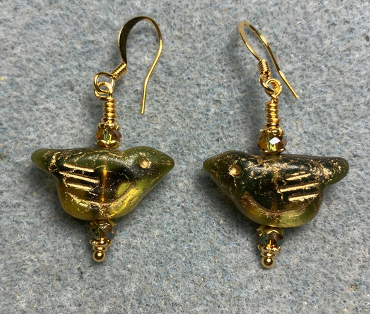 Olive green (with gold wash) Czech glass bird bead earrings adorned with sparkly olive green Chinese crystal beads.