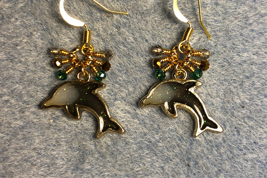 Gray and gold resin dolphin charm earrings adorned with tiny dangling gray,teal and gold Chinese crystal beads.