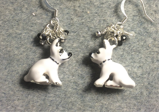 White and black enamel bulldog charm earrings adorned with tiny dangling black and white Chinese crystal beads.