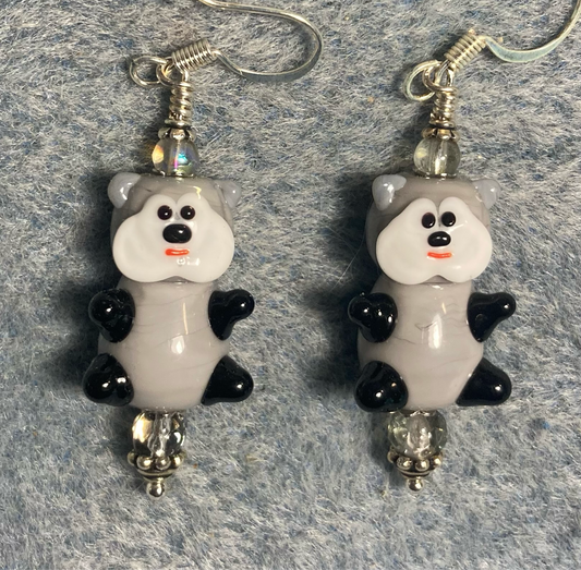 Large gray and white lamp work teddy bear bead earrings adorned with clear Czech glass beads.