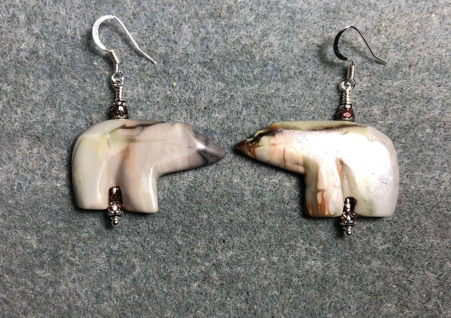 Large Picasso marble gemstone bear bead earrings adorned with gold Chinese crystal beads.
