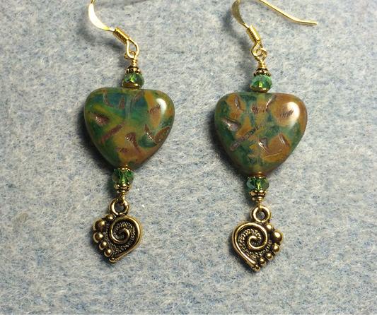 Green Picasso Czech glass heart bead earrings made with green Chinese crystal beads and gold Tierracast spiral heart charms.