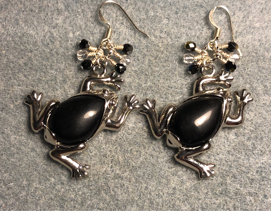 Large silver and black onyx gemstone frog charm earrings adorned with small dangling black, silver, and clear Czech glass beads.