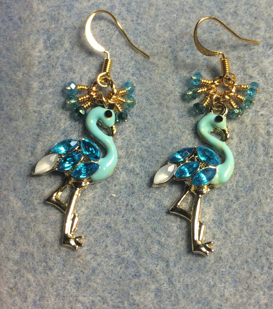 Turquoise enamel and rhinestone flamingo charm earrings adorned with tiny dangling turquoise Chinese crystal beads.