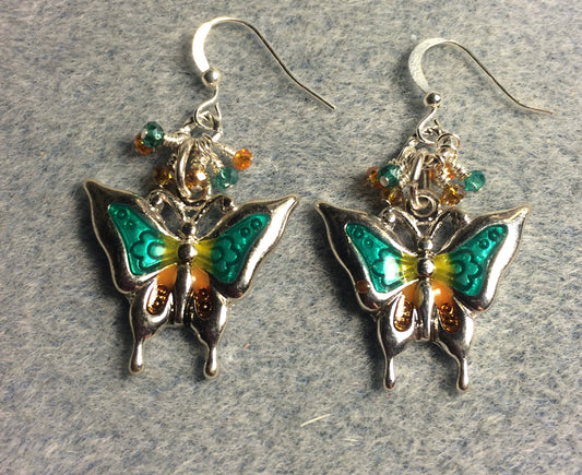 Teal, orange, and silver enamel and rhinestone butterfly charm earrings adorned with tiny dangling teal, orange, and clear Chinese crystal beads.