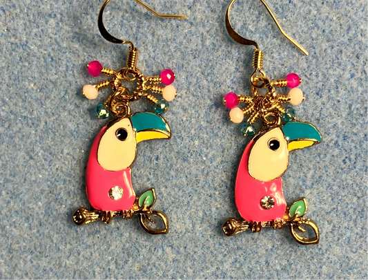 Hot pink, white, and turquoise enamel toucan charm earrings adorned with tiny dangling hot pink, white, and turquoise Chinese crystal beads.