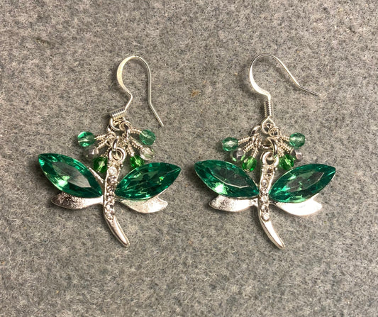 Green and silver rhinestone dragonfly charm earrings adorned with small dangling green and silver Czech glass beads.