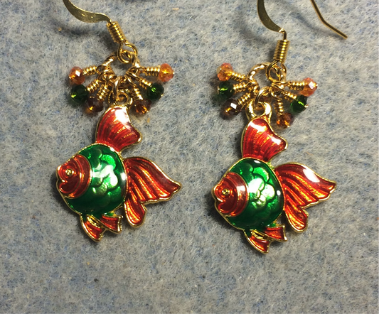 Orange and green enamel angelfish charm earrings adorned with tiny dangling orange and green Chinese crystal beads.