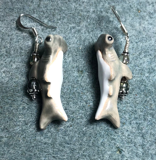 Gray and white ceramic hammerhead shark bead earrings adorned with clear black diamond Czech glass beads.