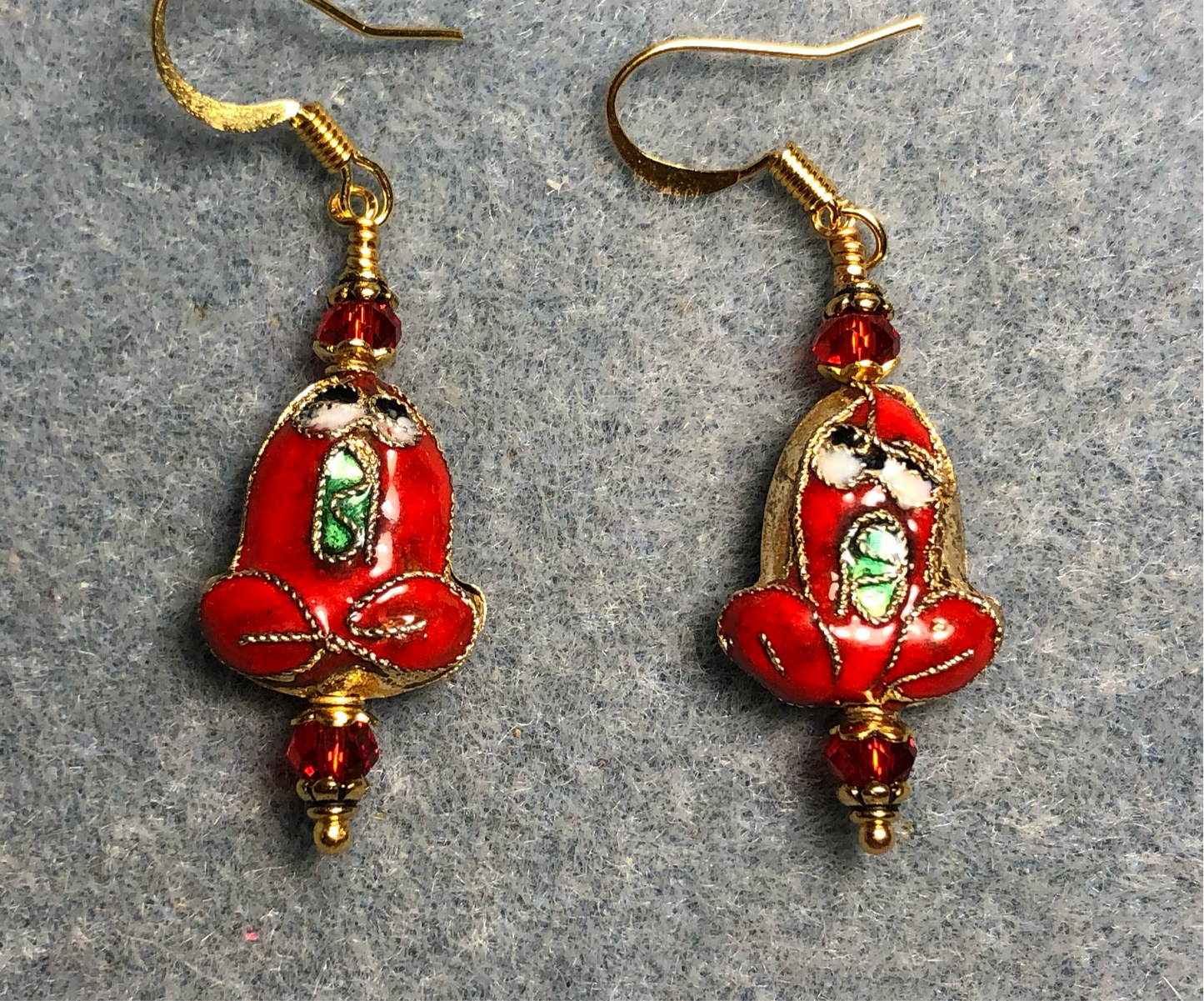 Red cloisonné frog bead earrings adorned with red Chinese crystal beads.