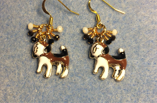 Brown, black, and white enamel dog charm earrings adorned with tiny dangling brown, black, and white Chinese crystal beads.