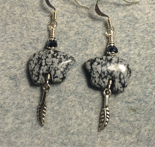 Snowflake obsidian gemstone Zuni bear fetish bear earrings adorned with black crystal beads and tiny silver feather charms.