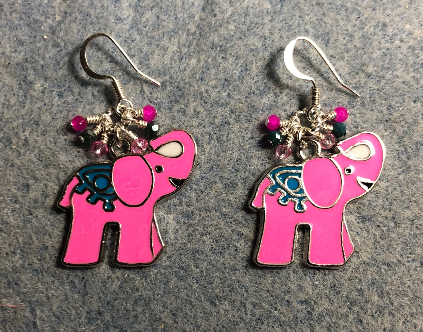 Hot pink and teal enamel elephant charm earrings adorned with tiny dangling hot pink, teal, and light pink Chinese crystal beads.