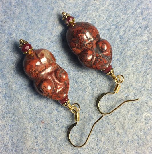 Small red brecciated Jasper gemstone frog bead earrings adorned with small dark red Chinese crystal beads.