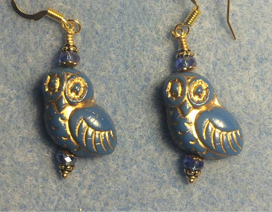 Royal blue (with gold wash) fancy Czech glass owl bead earrings adorned with blue Chinese crystal beads.