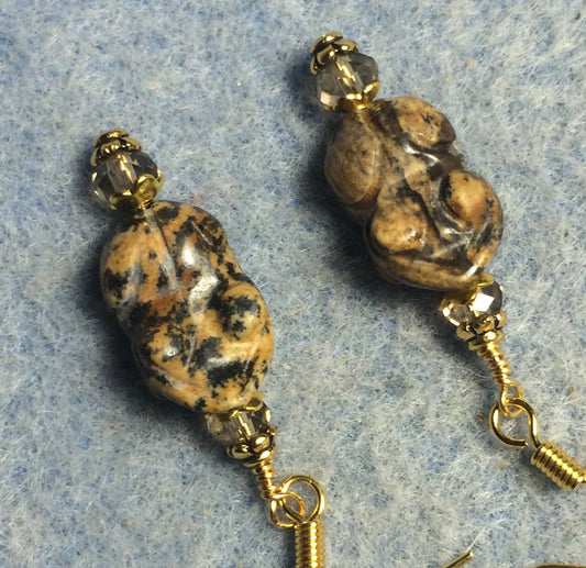 Small picture jasper gemstone frog bead earrings adorned with gray Chinese crystal beads.