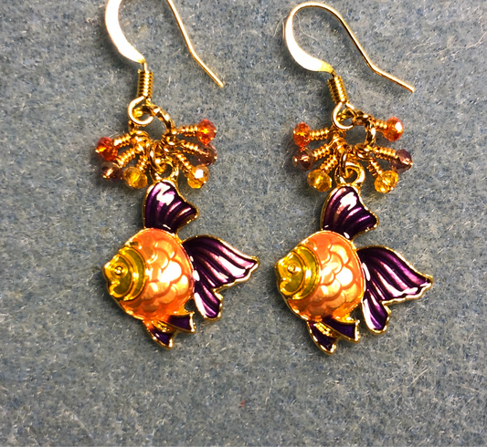 Amber, orange, and purple enamel angelfish charm earrings adorned with tiny dangling amber, orange, and purple Chinese crystal beads.