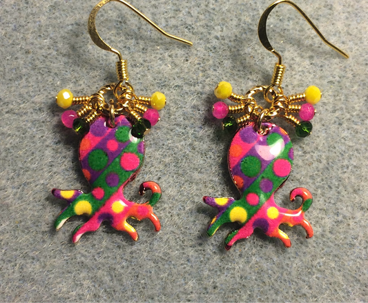 Hot pink, yellow, and green enamel octopus charm earrings adorned with tiny dangling hot pink, yellow, and green Chinese crystal beads.
