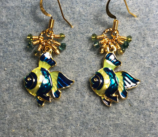 Turquoise and lime green enamel angelfish charm earrings adorned with tiny dangling turquoise and lime green Chinese crystal beads.