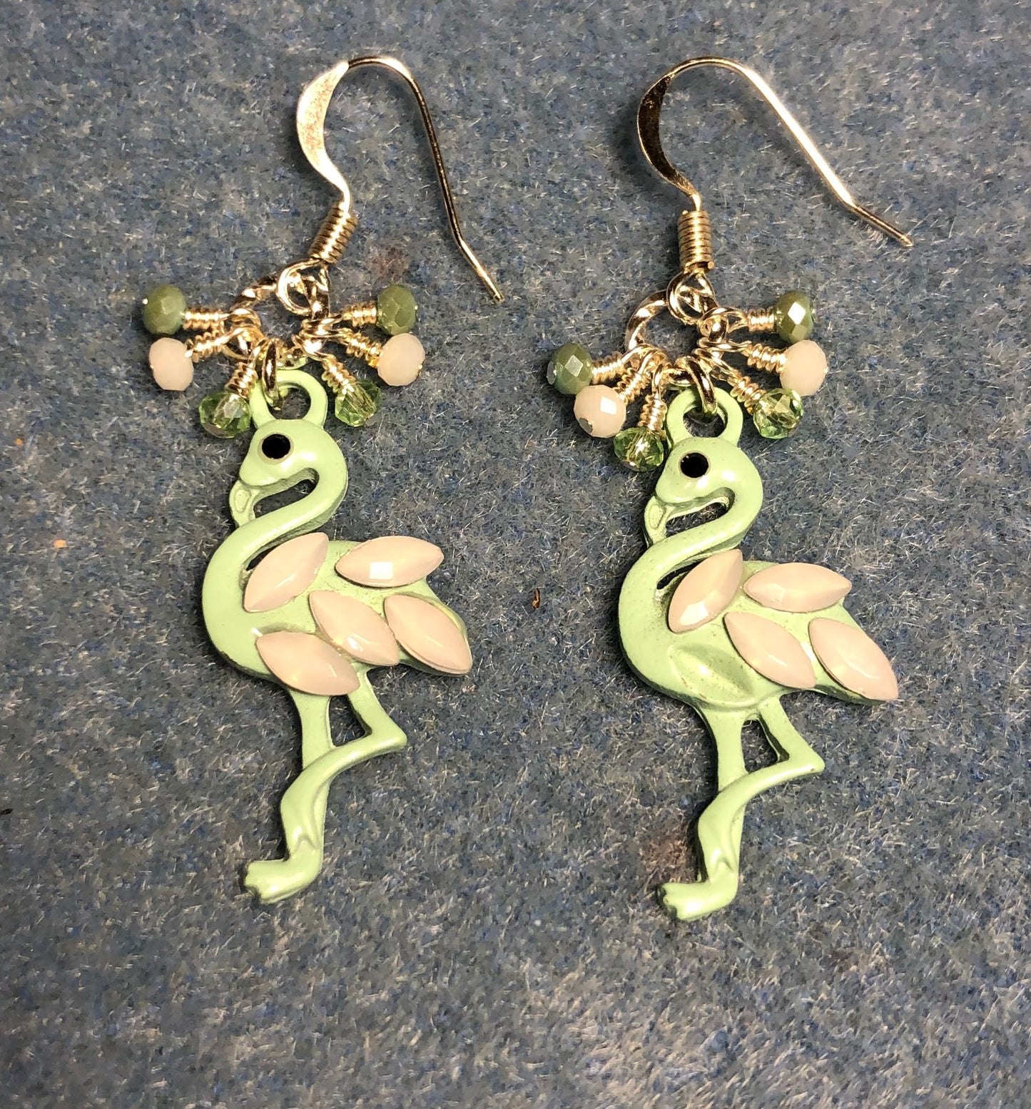 Light green and white acrylic and rhinestone flamingo charm earrings adorned with tiny dangling light green and white Chinese crystal beads.