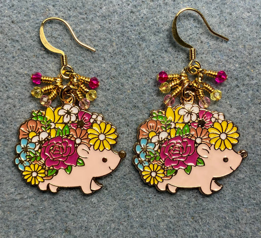 Light pink, yellow, and hot pink enamel porcupine charm earrings adorned with tiny dangling light pink, yellow, and hot pink Chinese crystal beads.