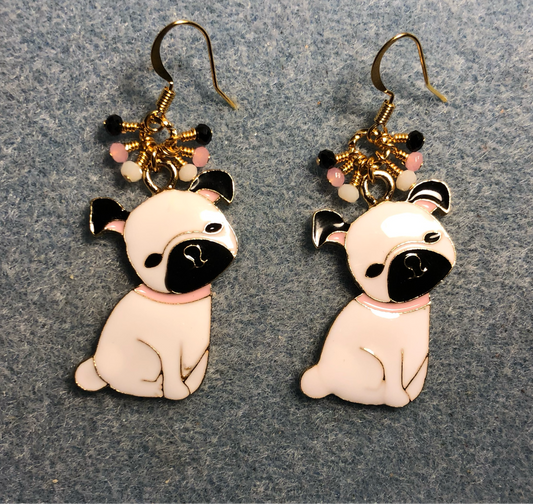 Large white, black, and pink enamel pug charm earrings adorned with tiny dangling white, black, and pink Chinese crystal beads.