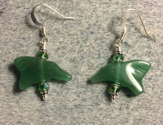 Green aventurine gemstone hummingbird bead earrings adorned with green Chinese crystal beads.