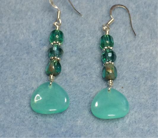 Sea green Czech glass rose petal earrings adorned with sea green teal Czech glass beads.