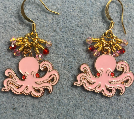 Pink, red, and gold enamel octopus charm earrings adorned with tiny dangling pink and red Chinese crystal beads.
