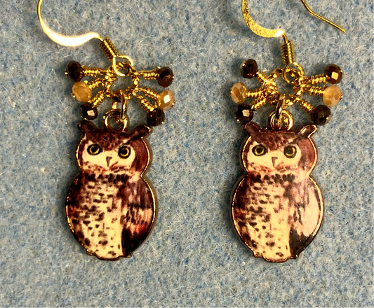 Brown, amber, and black enamel owl charm earrings adorned with tiny dangling brown, amber, and black Chinese crystal beads.