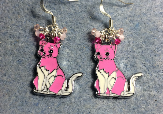 Pink and white enamel cat charm earrings adorned with tiny dangling pink and white Chinese crystal beads.