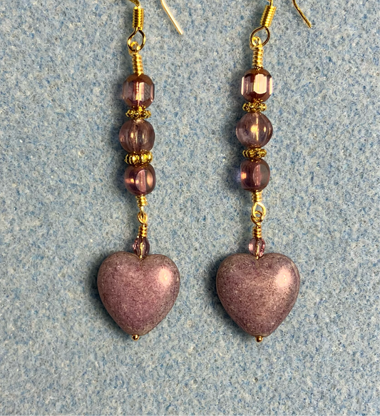 Milky purple Czech glass heart bead earrings adorned with milky purple Czech glass beads.