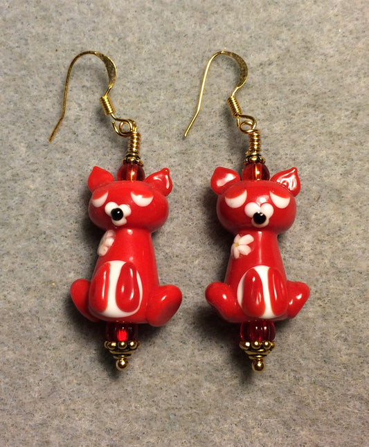 Opaque red lamp cat bead earrings adorned with red Czech glass beads.