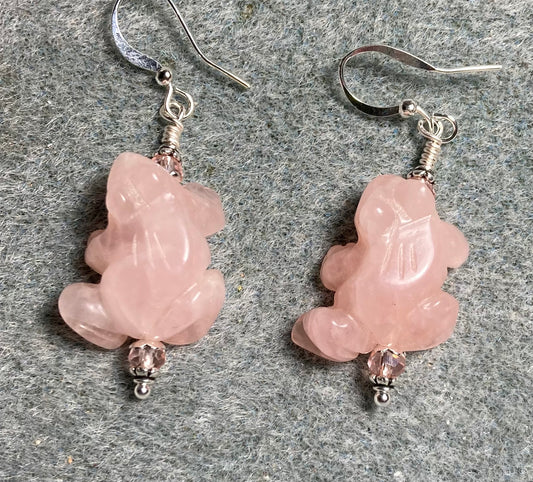 Pink rose quartz gemstone frog bead earrings adorned with pink Chinese crystal beads.