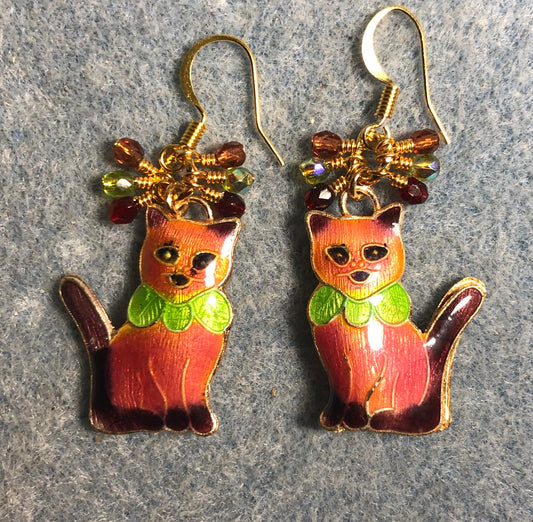 Coral, dark red, and olive green cloisonné cat charm earrings adorned with small dangling coral, dark red, and olive green Czech glass beads.