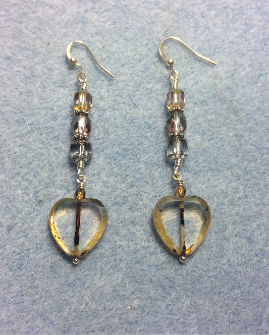 Tan gray Czech glass heart bead earrings adorned with gray Czech glass beads.
